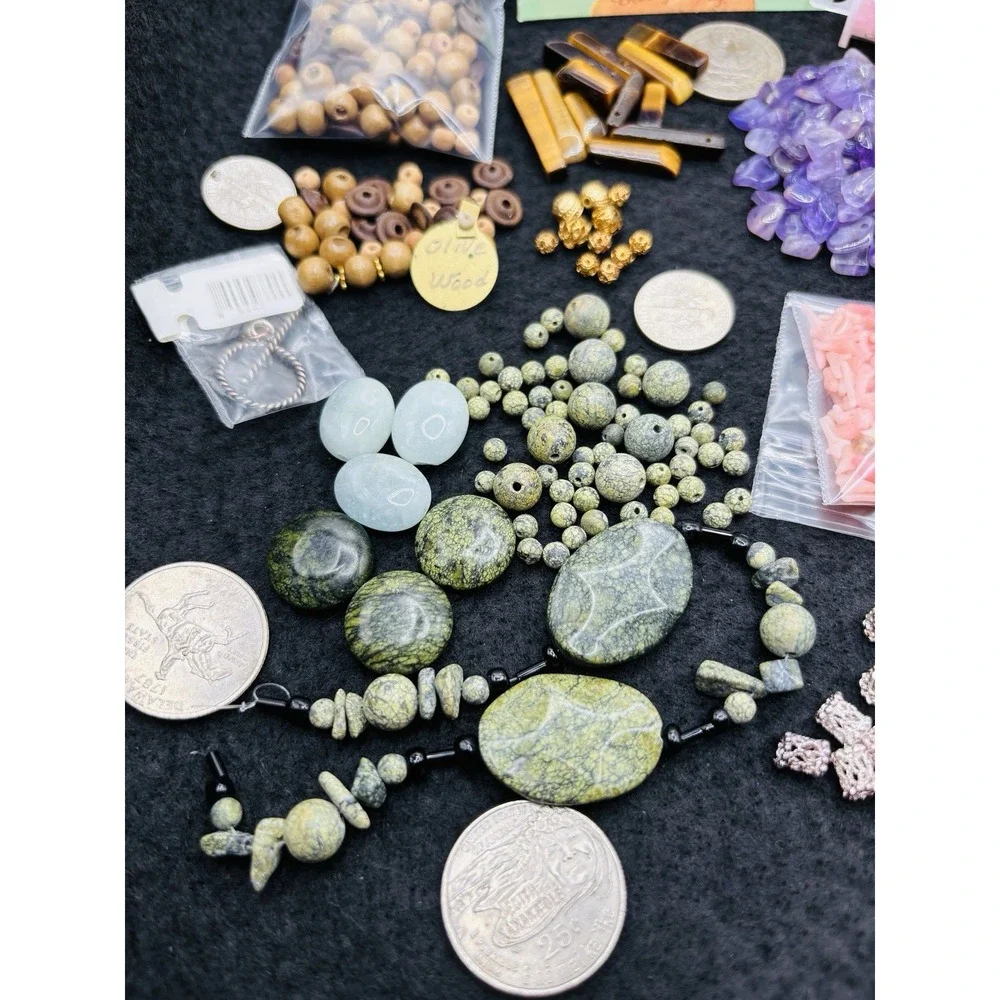 Lot of Jewelry Making Bead mix Amethyst Gemstone Chips Jade shell olive wood Hex
